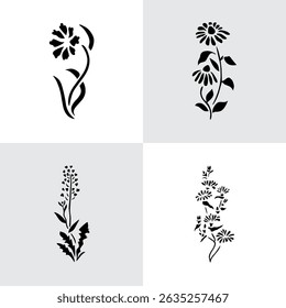 Black Plant and Leaf Icon Vector Set – Silhouette Botanical Elements with Floral, Leaves, and Nature Shapes – Simple Natural Clip Art for Decoration, Graphic Design, and Illustrations
