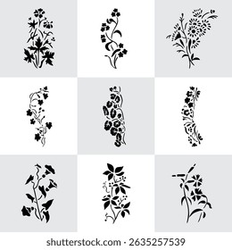 Black Plant and Leaf Icon Vector Set – Silhouette Botanical Elements with Floral, Leaves, and Nature Shapes – Simple Natural Clip Art for Decoration, Graphic Design, and Illustrations