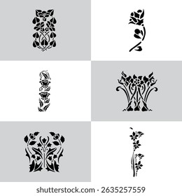 Black Plant and Leaf Icon Vector Set – Silhouette Botanical Elements with Floral, Leaves, and Nature Shapes – Simple Natural Clip Art for Decoration, Graphic Design, and Illustrations