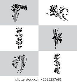 Black Plant and Leaf Icon Vector Set – Silhouette Botanical Elements with Floral, Leaves, and Nature Shapes – Simple Natural Clip Art for Decoration, Graphic Design, and Illustrations