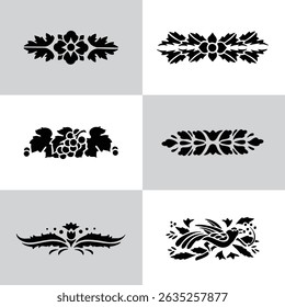 Black Plant and Leaf Icon Vector Set – Silhouette Botanical Elements with Floral, Leaves, and Nature Shapes – Simple Natural Clip Art for Decoration, Graphic Design, and Illustrations