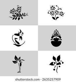 Black Plant and Leaf Icon Vector Set – Silhouette Botanical Elements with Floral, Leaves, and Nature Shapes – Simple Natural Clip Art for Decoration, Graphic Design, and Illustrations