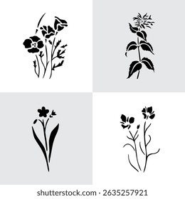 Black Plant and Leaf Icon Vector Set – Silhouette Botanical Elements with Floral, Leaves, and Nature Shapes – Simple Natural Clip Art for Decoration, Graphic Design, and Illustrations