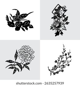 Black Plant and Leaf Icon Vector Set – Silhouette Botanical Elements with Floral, Leaves, and Nature Shapes – Simple Natural Clip Art for Decoration, Graphic Design, and Illustrations