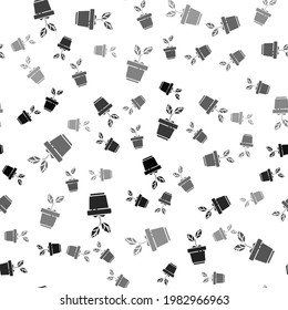Black Plant in pot icon isolated seamless pattern on white background. Plant growing in a pot. Potted plant sign.  Vector Illustration