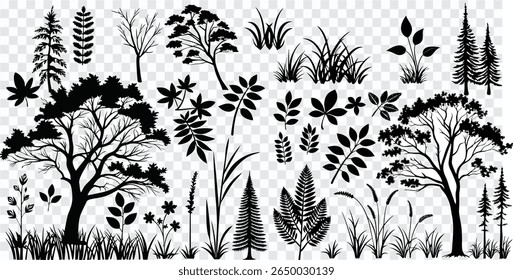 Black Plant Silhouettes Set | Botanical Clipart, Foliage Outline Vector Elements