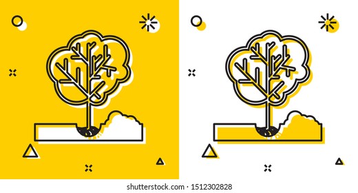 Black Planting a tree in the ground icon isolated on yellow and white background. Gardening, agriculture, caring for environment. Random dynamic shapes. Vector Illustration