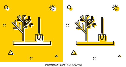 Black Planting a tree in the ground icon isolated on yellow and white background. Gardening, agriculture, caring for environment. Random dynamic shapes. Vector Illustration