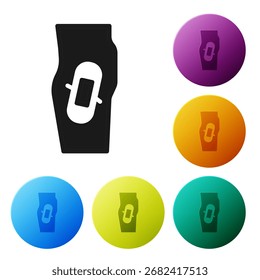 Schwarzes Pflaster auf Bein-Symbol einzeln auf weißem Hintergrund. Setzen Sie Symbole in Farbkreis-Schaltflächen. Vektorgrafik
