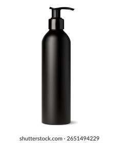 Garrafa plástica preta da bomba sem ar. Shampoo dispenser mockup, vetor em branco. Projeto de estanho tubo realista, loção de gel ou pacote de creme. Embalagem do produto do banho, hidratante da pele ou soro de cuidado do cabelo