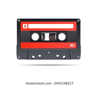 Black plastic audio cassette on white background. Flat design. Vector realistic illustration