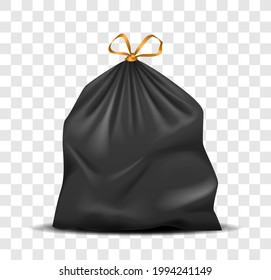 Black plastic bag full of rubbish. Recyclable and biodegradable disposable black plastic package. Garbage packet bag. Realistic vector illustration