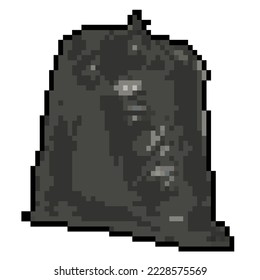 Black plastic bag of garbage packages full of waste Pixel Art on a white background. Polyethylene bag for trash