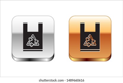 Black Plastic bag with recycle icon isolated on white background. Bag with recycling symbol. Silver-gold square button. Vector Illustration