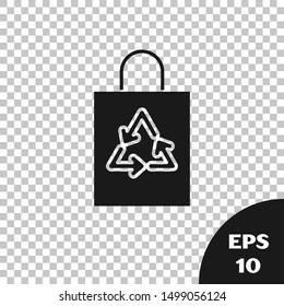 Black Plastic bag with recycle icon isolated on transparent background. Bag with recycling symbol.  Vector Illustration