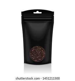Black Plastic bag with round window. Black tea. Packaging template mockup collection for your design