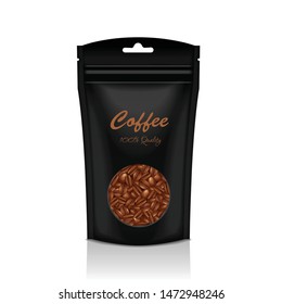 Black Plastic bag with round window. Coffee. Packaging template mockup collection for your design