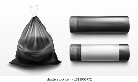 Black plastic bag for trash, garbage and rubbish. Vector realistic mockup of polyethylene trashbag in roll and full of waste. Tied sack with refuse isolated on transparent background