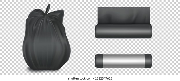 Black plastic bag for trash, garbage and rubbish. Vector realistic mockup of polyethylene trashbag in roll and full of waste. Tied sack with refuse isolated on transparent background