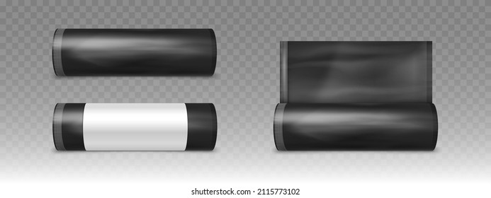 Black plastic bag for trash and garbage. Vector realistic mockup of polyethylene trash bag in roll isolated on transparent background