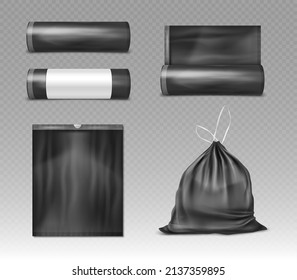 Black plastic bag for trash and garbage. Black disposable package for rubbish. Vector realistic mockup of polyethylene trash bag isolated on transparent background.