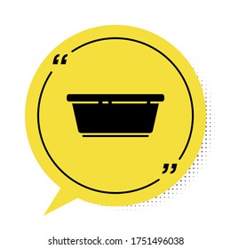 Black Plastic basin icon isolated on white background. Bowl with water. Washing clothes, cleaning equipment. Yellow speech bubble symbol. Vector Illustration