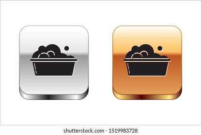 Black Plastic basin with soap suds icon isolated on white background. Bowl with water. Washing clothes, cleaning equipment. Silver-gold square button. Vector Illustration