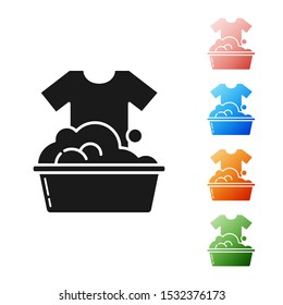 Black Plastic basin with soap suds icon isolated on white background. Bowl with water. Washing clothes, cleaning equipment. Set icons colorful. Vector Illustration
