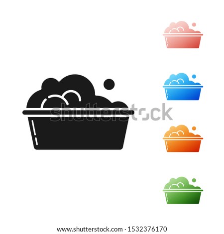 Black Plastic basin with soap suds icon isolated on white background. Bowl with water. Washing clothes, cleaning equipment. Set icons colorful. Vector Illustration