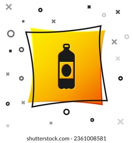 Black Plastic beer bottle icon isolated on white background. Yellow square button. Vector