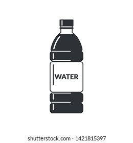 Black plastic bottle full of water with a label on a white background. Flat style silhouette icon. Vector illustration.