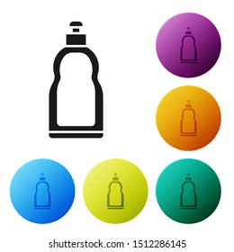 Black Plastic bottle for liquid laundry detergent, bleach, dishwashing liquid or another cleaning agent icon isolated on white background. Set icons colorful circle buttons. Vector Illustration