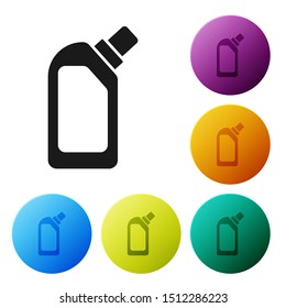 Black Plastic bottle for liquid laundry detergent, bleach, dishwashing liquid or another cleaning agent icon isolated on white background. Set icons colorful circle buttons. Vector Illustration