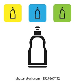 Black Plastic bottle for liquid laundry detergent, bleach, dishwashing liquid or another cleaning agent icon isolated on white background. Set icons colorful square buttons. Vector Illustration