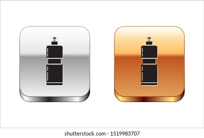 Black Plastic bottle for liquid laundry detergent, bleach, dishwashing liquid or another cleaning agent icon isolated on white background. Silver-gold square button. Vector Illustration