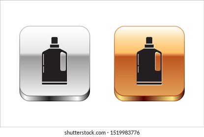 Black Plastic bottle for liquid laundry detergent, bleach, dishwashing liquid or another cleaning agent icon isolated on white background. Silver-gold square button. Vector Illustration