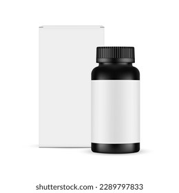 Botella de plástico negro para píldoras o suplementos, caja de papel, aislada en fondo blanco. Ilustración vectorial
