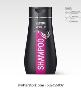 Black Plastic Bottle Shampoo Isolated on White Background. Vector Layers Mock up for Design