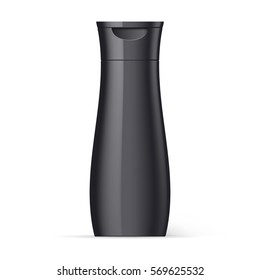 Black Plastic Bottle of Shampoo Packaging Isolated at White Background