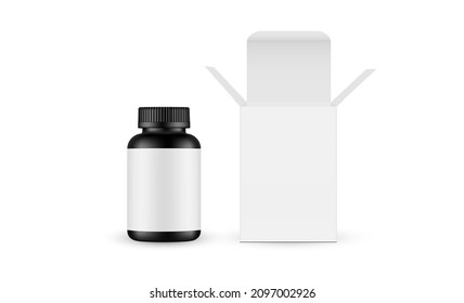Black Plastic Bottle for Vitamins or Pills with Opened Packaging Box, Isolated on White Background. Vector illustration