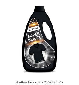 
Black plastic bottle washing powder isolated white background for liquid laundry detergent, cleaning agent black clothes, for black fabric. Vector illustration