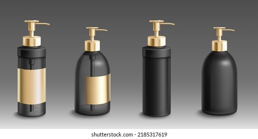 Black plastic bottles with dispenser pump for cosmetic, liquid hand soap, lotion or shampoo. Vector realistic mock up of 3d empty clear containers with golden caps and labels