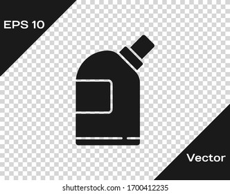 Black Plastic bottles for laundry detergent, bleach, dishwashing liquid or another cleaning agent icon isolated on transparent background. Vector Illustration