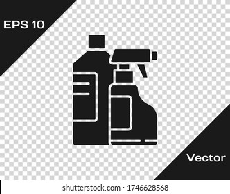 Botellas de plástico negro para detergente para lavandería, blanqueador, líquido lavavajillas u otro icono de agente de limpieza aislado en fondo transparente. Ilustración vectorial