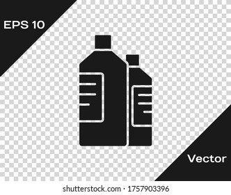 Black Plastic bottles for laundry detergent, bleach, dishwashing liquid or another cleaning agent icon isolated on transparent background. Vector Illustration