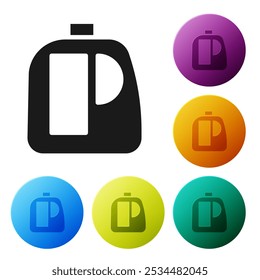 Black Plastic bottles for laundry detergent, bleach, dishwashing liquid or another cleaning agent icon isolated on white background. Set icons in color circle buttons. Vector Illustration