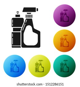 Black Plastic bottles for liquid laundry detergent, bleach, dishwashing liquid or another cleaning agent icon isolated on white background. Set icons colorful circle buttons. Vector Illustration