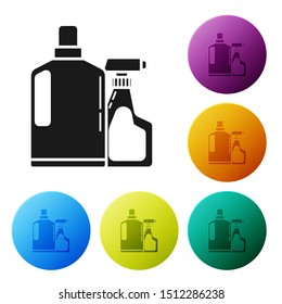 Black Plastic bottles for liquid laundry detergent, bleach, dishwashing liquid or another cleaning agent icon isolated on white background. Set icons colorful circle buttons. Vector Illustration