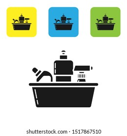 Black Plastic bottles for liquid laundry detergent, bleach, dishwashing liquid or another cleaning agent icon isolated on white background. Set icons colorful square buttons. Vector Illustration