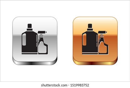 Black Plastic bottles for liquid laundry detergent, bleach, dishwashing liquid or another cleaning agent icon isolated on white background. Silver-gold square button. Vector Illustration